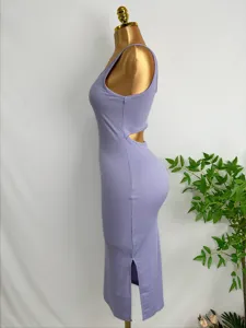 Robe midi sans manches côtelée violette pour femme, robe nuisette sexy décontractée avec fente.
