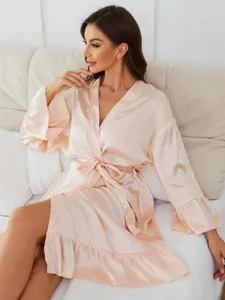 Women solid satin long sleeve sleep robe with belt and ruffled hem for comfortable nightwear.
