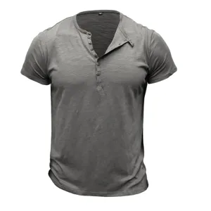 Men's grey muscle Henley short sleeve t-shirt detail view showing collar and button placket.