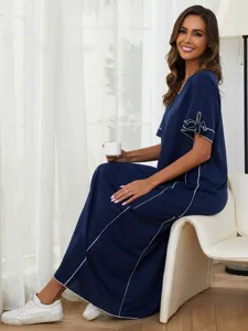 Damen langes kurzarm Nachthemd dunkelblau Hauskleid Freizeitkleid mit Schleife Biese