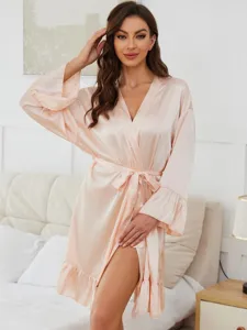 Detail view of the elegant satin robe featuring chic ruffled cuffs, a tie waist, and soft silky fabric.