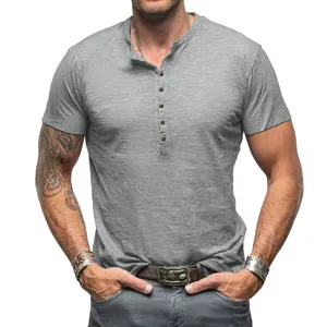 Men's casual slim fit short sleeve Henley t-shirt in grey comfortable summer top style