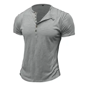 Mens summer casual muscle henley short sleeve t shirt in gray breathable cotton fabric