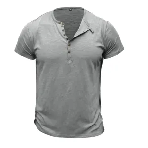 Men grey short sleeve henley t-shirt detail, slim fit muscle cut with button placket.