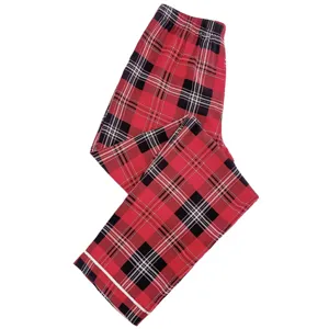Detail view of women plaid lounge pants, soft cotton blend sleepwear with elastic waist.