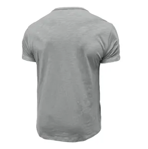 Back detail view of casual solid grey short sleeve men t-shirt showing soft fabric.