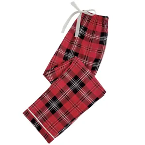 Red and black plaid lounge pants detail featuring white bow drawstring and cuff trim.