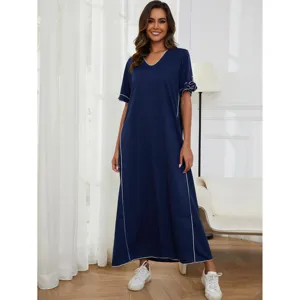 Damen Casual V-Ausschnitt Kurzarm Maxi Kleid Elegantes Schleife Einfarbig Loxer Langes Kleid Sommer Polyester Bekleidung