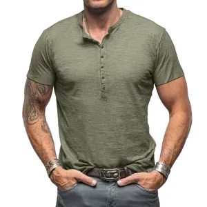 Detail view of men casual muscle fit henley short sleeve t shirt showing button placket.