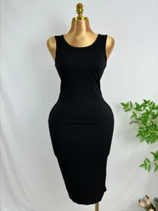 Robe débardeur côtelée noire, robe sans manches élégante et décontractée pour femmes.