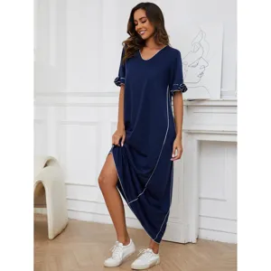 Elegantes dunkelblaues langes Kleid für Damen, lässiges Kurzarm-Maxikleid mit schicken Paspeln.