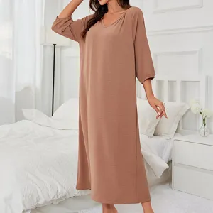 Comfortable solid color long sleeve V-neck loose casual nightgown for women daily homewear.