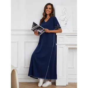 Damen langes Kurzarmkleid mit Kontrastnähten und Schleifendetail für die Sommermaison.