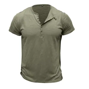 Mens short sleeve henley t-shirt casual summer slim fit muscle tee with buttons top.