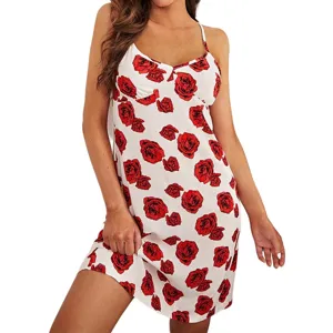 Women sexy red rose print slip dress summer camisole nightgown comfortable loungewear sleepwear