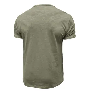 Back view detail of men's military green slub cotton short sleeve casual t-shirt top.