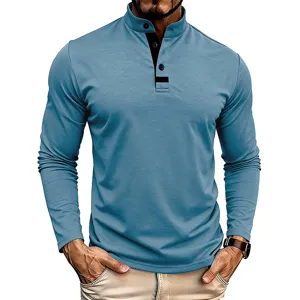Men's long sleeve mandarin collar t-shirt casual slim fit top with button placket detail.