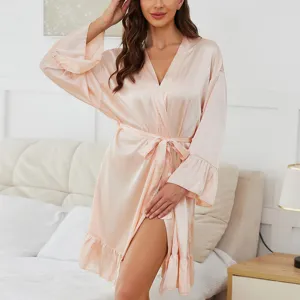 Women silk satin solid color long sleeve bathrobe with ruffle hem sexy nightgown sleepwear