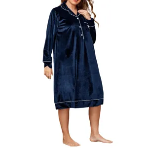 Plus size velvet long sleeve nightgown for women, cozy winter sleepwear with white piping.