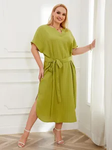 Plus size olive green pleated short sleeve loungewear dress with waist tie and side slit detail.