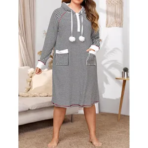 Femme grande taille rayé capuche longue chemise de nuit décontracté chaud automne hiver robe