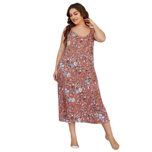 Plus size floral print cami long nightgown detail, comfortable sleeveless sleepwear design.