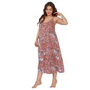 Plus size floral spaghetti strap slip nightgown, breathable summer sleepwear detail view.