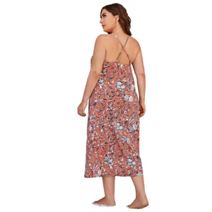Plus size floral print cami nightgown for women summer sexy sleeveless slip sleepwear