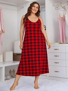 Plus Size Red Black Buffalo Plaid Camisole Nightgown Sexy Summer Sleeveless Sleepwear Dress