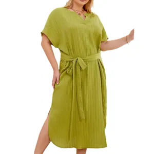 Plus size casual pleated loungewear dress for women, v-neck short sleeve with belt and slit.