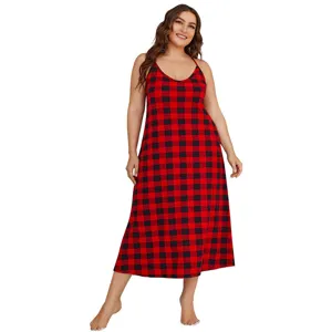 Detailed view of the red and black plaid plus-size sleep dress, soft and comfortable.