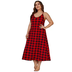 Plus size red and black plaid camisole nightgown detail showing breathable fabric and strap.
