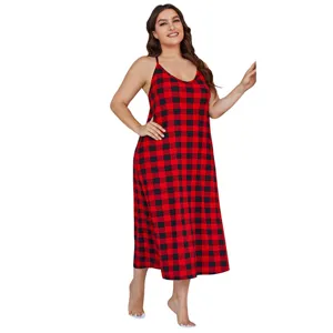 Plus size red black plaid cami nightgown, comfortable sexy summer sleepwear for women.