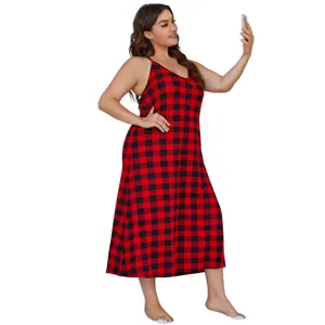 Plus size red and black plaid slip nightgown detail view, comfortable summer sleepwear apparel.