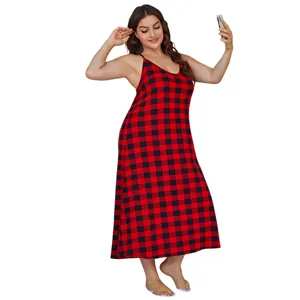 Plus size red black plaid cami nightgown, comfortable summer sleepwear for women loungewear.