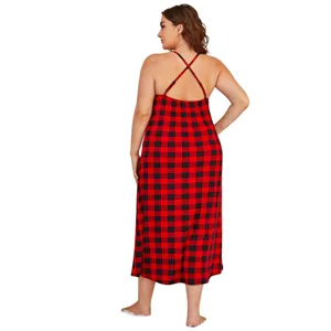 Plus size red black buffalo plaid cami sleepdress, comfortable long nightgown for women.