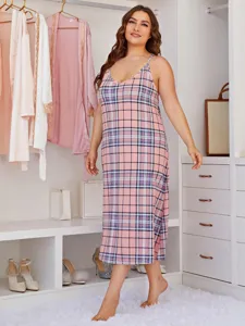 Plus size pink plaid cami nightdress, comfortable summer sleepwear for women detail view.