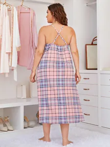 Plus size pink plaid cami nightgown for women, sleeveless crisscross back sleepwear.