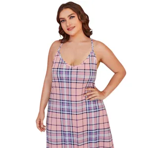 Plus size pink plaid cami sleep dress, comfortable summer nightwear for women detailing.