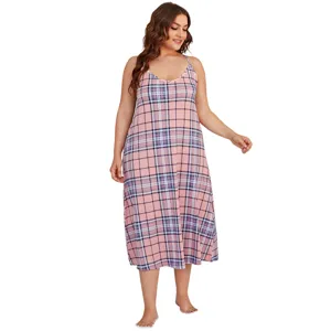 Plus size pink plaid slip nightgown detail view, comfortable sleeveless summer sleepwear.