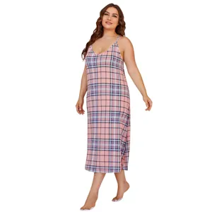 Comfortable plus size pink plaid spaghetti strap long nightgown for women sleepwear