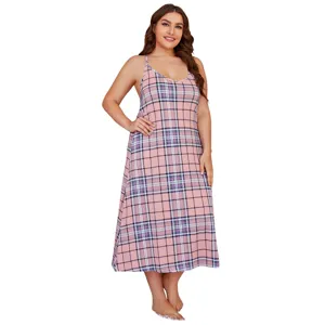 Plus size plaid camisole nightgown for women, comfortable summer sleepwear dress.