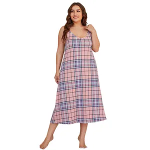 Plus size pink plaid cami nightgown for women, comfortable sexy V-neck summer sleepwear.