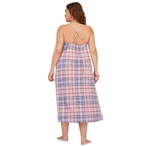 Plus size pink plaid cami nightgown, back strap detail, comfy sleepwear dress for women