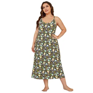 Plus size floral slip nightgown detail shot, comfortable spaghetti strap sleepwear dress.