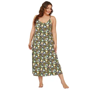 Plus size floral slip dress for women, comfortable V-neck summer casual long nightgown.