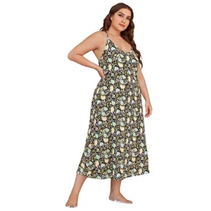 Plus size floral slip nightgown for women sexy v-neck summer casual sleeveless lounge sleep dress