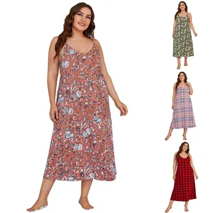 Plus Size Floral Print Nightgown Women Sexy V Neck Sleeveless Summer Slip Sleepwear Casual Loose Long Night Dress