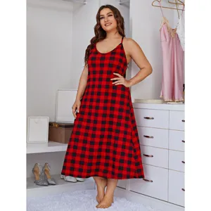 Plus size red and black plaid nightgown, comfortable strap sleepwear for women summer.