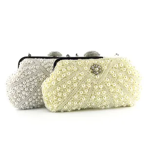 Vintage Handmade Artificial Pearl Evening Bag Luxury Rhinestone Clutch Bag For Wedding Party Elegant Beaded Shell Handbag For Women